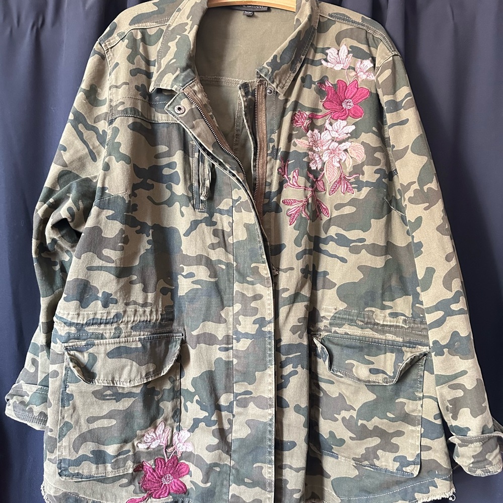 Lane Bryant Camouflage Jacket with Pink Floral Embroidery